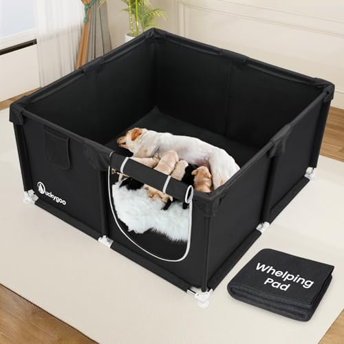 Duckygoo Whelping Box for Dogs - 50L*50W*25H Dog Whelping Play Pen for Puppies,Pet Whelping Box Overall 600D Oxford Fabric with Absorbent Whelping Pad,Dog Birthing Box for Large Medium Small Dogs