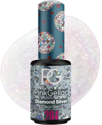 Pink Gellac Gel Nagellack UV, Veganes Nagelgel - 204 Diamond Silver 8 ml | Gelnagellack für UV Lampe, Einfache Anwendung Nail Polish für 14 Tage Salonqualität, Gellack Made in Holland