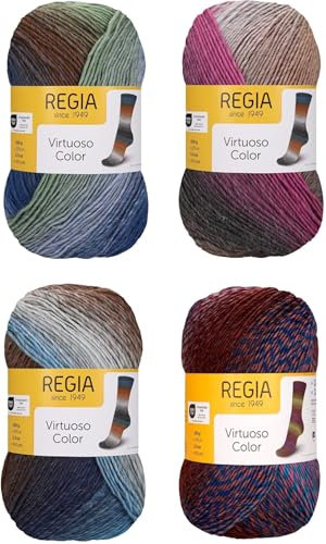 Strumpfwolle - 6fädig- Regia - Colorfarben - Sockenwolle Set 4x150gr Knaul - 375 m Lauflänge pro Knaul - filzfrei und superwash (Regia Set 2)