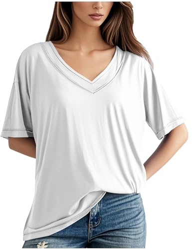 Dyhxuan Camiseta de verano para mujer, manga corta, suave, cuello de pico, parte superior, vintage, de algodón, camiseta básica, holgada, cómoda, ropa de salón, camiseta versátil para mujer, Blanco, S