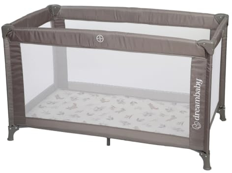 Dreambaby Quest full storlek resesäng, barnsängsstorlek, lätt, från födsel till 15 kg, lätt att vika och kompakt, resväska, 120 cm x 60 cm, tjock vadderad madrass – brungrå