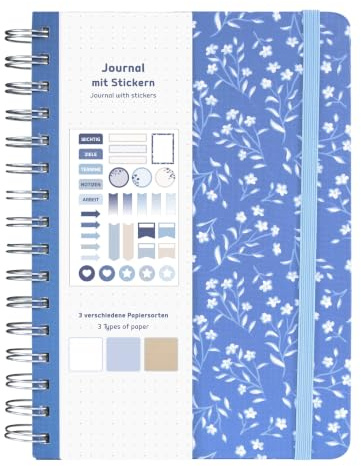 Idena 11366 - Carnet A5 avec 66 autocollants, bleu, journal de 78 pages, 120 g/m², 3 types de papier différents, pointillé, avec pochette intérieure et élastique, FSC Mix