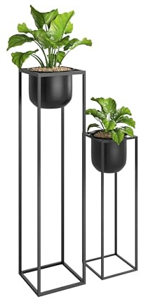 Ribelli Metall Blumentopf Ständer 2er Set φ20/24 cm, Blumenhocker mit Übertopf, Blumentreppe Pflanzenständer Blumenständer für Draußen & Innen, Pflanzenregal für Haus & Garten Dekoration (Schwarz)