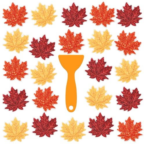 JarThenaAMCS 24 Pcs Fall Non Slip Bathtub Sticker with Scraper Maple Leaves Anti Slip Shower Tread Adhesive Shower Decal for Autumn Bathroom Floor Decoration