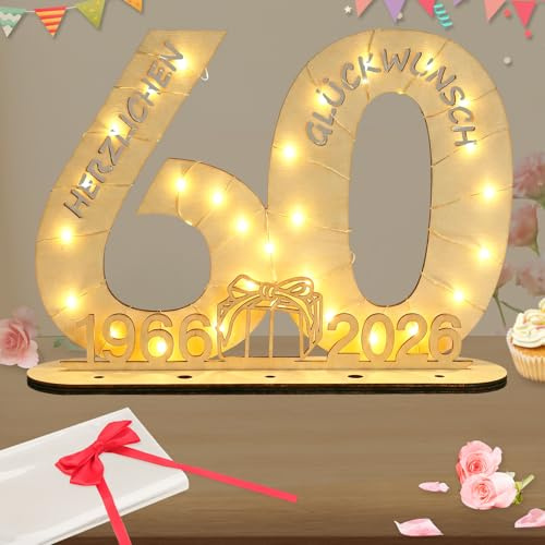Seutgjie Originelle Geschenk 60 Geburtstag Mann Frau 1966-2026, 60. Geburtstag Jubiläum Deko Tischdeko Holz Schild Gästebuch, Geldgeschenke Geburtstag 60 mit LED Lichterkette Geschenkpapier
