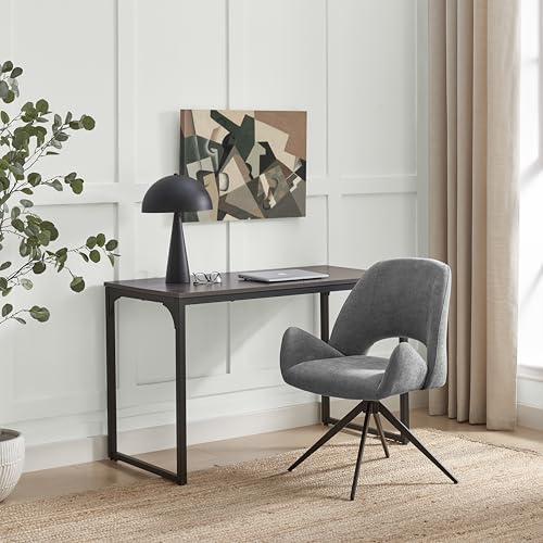 Furniturebox UK Layla Grey Fabric Swivel Chair - Black Metal Legs - Wing Arms - Mid Century Modern Look - Modern Bedroom Vanity Dressing Table Office Upholstered Occasional Chair