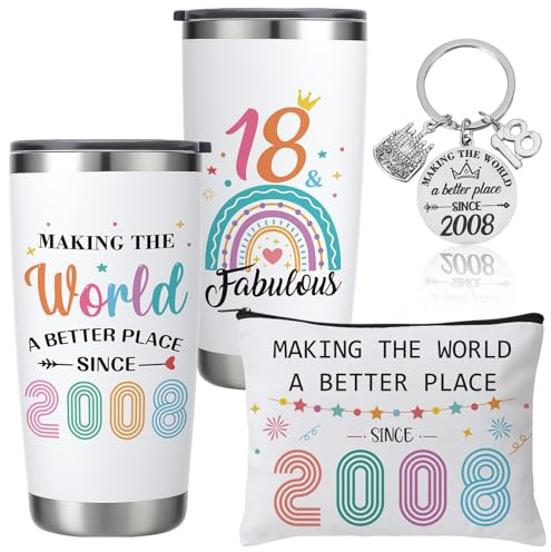 saerryor 18th Birthday Gifts for Girls 2008 Mug Makeup Bag Keyring | Personalised Insulated Tumbler 18 Year Old Presents for Daughter Granddaughter Sisters Niece Friends Students