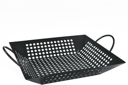 MoSundi Grillkorb aus Stahl, antihaftbeschichtet, 37,5 x 30,5 cm, für Gemüse und Fleisch, quadratisch, Outdoor-Grillzubehör, Schwarz
