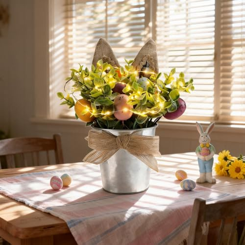 Osterdeko Innen 24cm – Ostern Geschenke, LED Osterdekoration mit Osterhase Deko & Ostereier Plastik, Metall Topf mit künstlicher Pflanze, für Innendekoration auf Tisch, Regal, Büro oder Fensterbank
