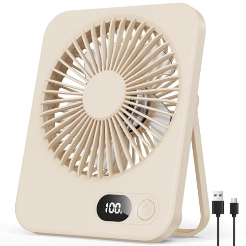 Tischventilator Kleiner - USB Ventilator mit 5 Stufen, 180° verstellbar, Ultra-Slim 3,8 cm, LED-Display, bis zu 8 Std. Laufzeit, Tragbarer Mini Ventilator mit Akku für Büro, Reisen, Schminken, Beige