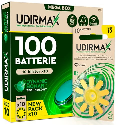 100 Batterien für Hörgeräte Gelb Größe 10 Udirmax PR70 Zink-Luft Öko-Pack mit Dynamic Sonar Technologie - 10 umweltfreundliche Blisterpackungen mit 10 Hörgerätebatterien