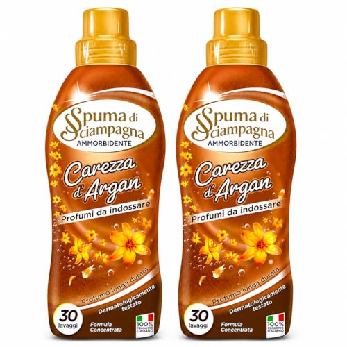 Ammorbidente Carezza d'Argan, Formula Concentrata, Liquido, Profumo Argan, 2 Flaconi, 30 Lavaggi per Bottiglia, Senza Parabeni, 100% Made in Italy