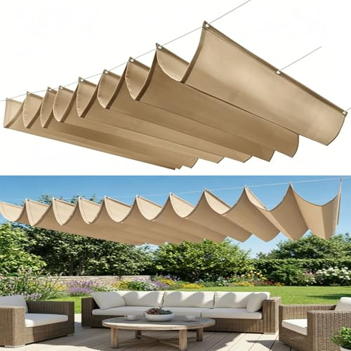Retráctil Toldo Vela Rectangular 170 x 600 cm Impermeable Toldos Protección UV Forma de U Tela para Sombras Corredizas Pabellón Toldo Retráctil con Onda para Exterior, Caqui