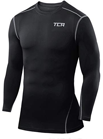 TCA Men Long Sleeve Compression Shirt, Athletic Workout Sports Undershirt Base Layer Top - Black, S