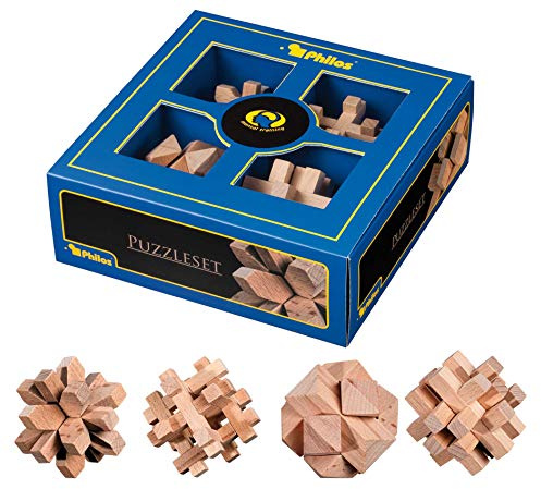 Philos 3501 - Puzzleset I aus Holz (Buche), 4 Verschiedene Denk- und Knobelspiele