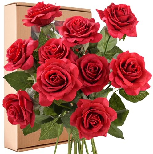 FiveSeasonStuff 10 Stems Real Touch Roses Artificial Flower Silk Roses ‘Petals Feel and Look like Fresh Roses' Bouquet of Flowers Floral Arrangements (Red #6)