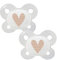 Dentistar® Silikon Schnuller 2er-Set – Größe 0 für 0-2 Monate – Zahnfreundlicher & kiefergerechter Silikonschnuller mit Dental-Stufe – Beige mit Herz-Motiv – BPA-frei – Made in Germany