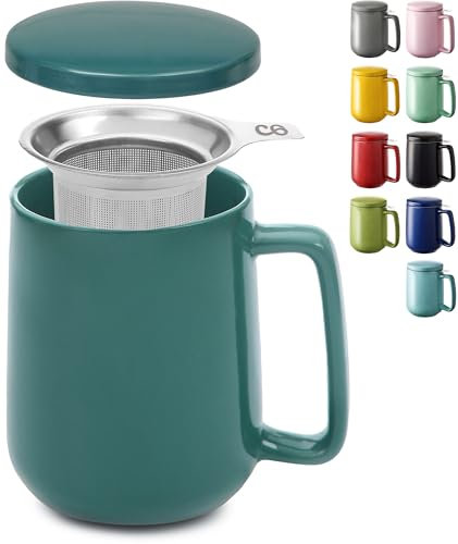 Cosumy Tasse à Thé avec Infuseur et Couvercle 500ml Grand - Céramique - Reste Chaud Longtemps - Bleu-vert