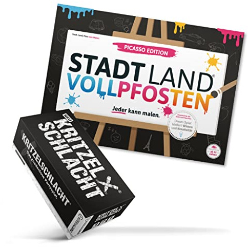 DENKRIESEN Kreativ Pack | KRITZELSCHLACHT & VOLLPFOSTEN Picasso | Zwei kreative Zeichenspiele und Wortspiele für Familie, Freunde und Spieleabende.