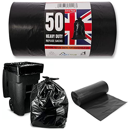 Heavy Duty 100 Litre Plastic Refuse Bin Bags General Waste Recycled Sacks Extra Strong Dustbin Thick Garbage Black Bag Rubbish Bin Liner for Home, Office, Garden, Kitchen Everyday Use (50)