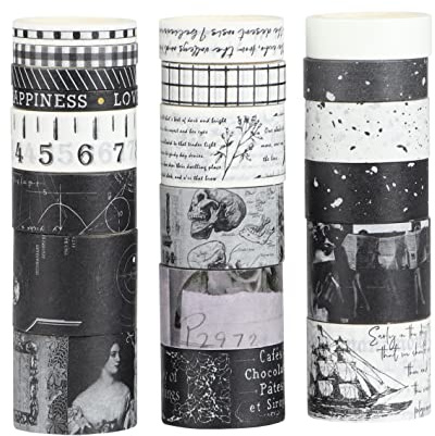 LGEGE 20 Rolls Washi Tape Set,25/20/15/10/5 mm Wide, Black & White, Gothic Vibe Element, Masking Tape Décor for Scrapbook, DIY Craft, Scrapbooking Supplies, Gift Wrapping, Journal, Planners