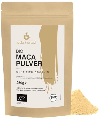 IDDA Herbal Maca Pulver BIO aus Peru 250g, Macawurzel gemahlen | bio Maca Pulver, ideal für Smoothies, Shakes, Müsli, Porridge, Joghurt, Kuchen, Muffins, Pancakes & Energiebällchen