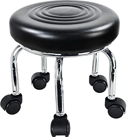 WKWKER Moderner Kleiner rollender Hocker PU Leder Rollsitz 360 ° drehbar niedrige runde Hocker mit Universal Rollen für Home Massage Garten Büro Garage Shop Fitness Sport, H: 30.5cm (Schwarz)