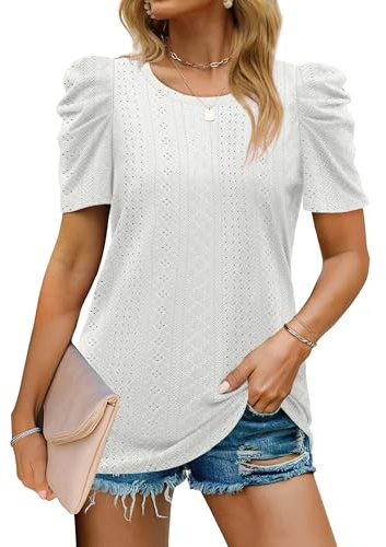 Aokosor Ladies Tops Puff Sleeve Crewneck Tops Casual Loose Fit Cute Tops for Women White Basic Tee 2026 Size 14-16