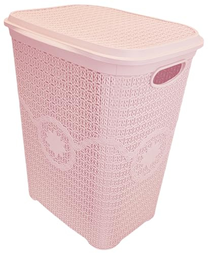 Best House | Plastic Laundry Basket | PINK | 65 Litres | Large | Knitted/Rattan Style | Laundry Storage Basket with Lid | Clothes Storage Washing Bin Basket Hamper for Bathroom Bedroom (Pack of 1)