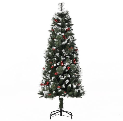 HOMCOM Árbol de Navidad 150 cm con Nieve 360 Ramas Base Plegable Verde | Árbol de Navidad Artificial, 38 Bayas, Base Plegable, Soporte Metálico, Decoración Navideña para Interiores