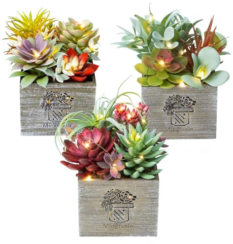Mingfuxin Succulents Plants Artificial with Light, Small Fake Plants in Pots for Home Decor, Potted Decorative Succulents Plants for Table Desk Bathroom Office Room Decor