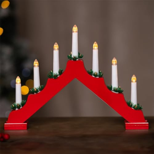 Marco Paul - Ponte natalizio tradizionale in legno, pre-illuminato, alimentato a batteria, 7 lampadine a LED, arco di candela rosso con luci bianche calde, decorazioni natalizie per interni, luci per