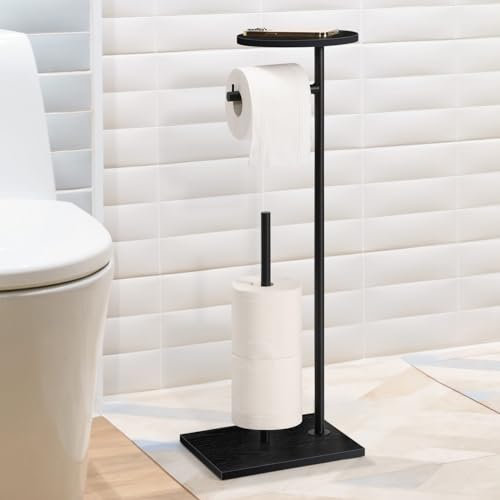 Freestanding Toilet Roll Holder with Top Storage Shelf, Black Toilet Paper Holder Stand, Toilet Paper Roll Holder with Reserve, Floor Standing Toilet Roll Dispenser Storages 4 Reserve Rolls, Black