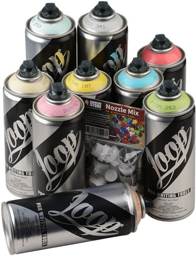 KLAMOTTEN STORE Sprühdosen Loop Colors, Acryl Farbspray Pastell Set - 9 x 400ml + 10x Ersatzsprühköpfe