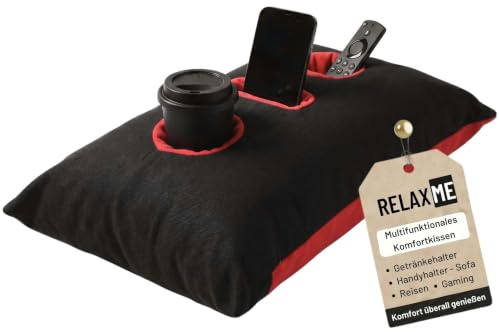 Nurtextil24 Relax ME Kissen Getränkehalter Sofakissen 40x60 cm SchwarzRot | Multifunktional Allzweckkissen -Tablett & Getränkebehälter- Tolles Geschenk Idee - Sofakissen, Kopfkissen, Reisekissen