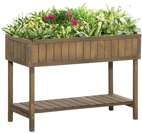 Outsunny Jardinière sur Pieds carré Potager avec étagère dim. 110L x 46l x 76H cm 8 Compartiments & Inserts d'irrigation Bois de Sapin