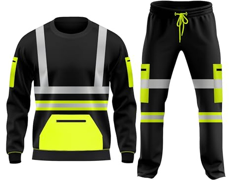 mymixtrendz Hi Vis Kids Boys Girls Unisex Workwear Reflective Tape Fleece Tracksuit Set Open Hem Trouser Drawstring Pockets Long Sleeves Sweatshirt Top & Bottom Set