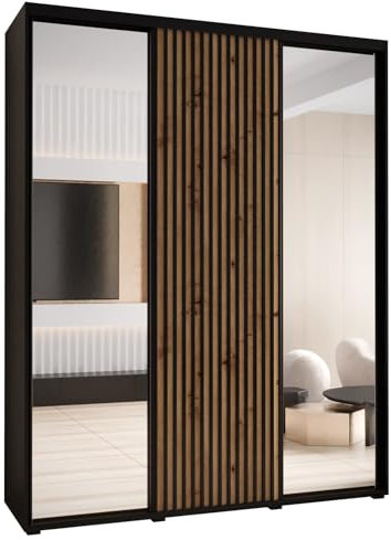 MEBLE KRYSPOL Sapporo 2 Moderner Schrank mit DREI Schiebetüren mit Spiegel, Stange, Regalen - Aufbewahrungsschrank für Schlafzimmer, Wohnzimmer - 205,2x190x45 cm - Schwarz Artisan Schwarz