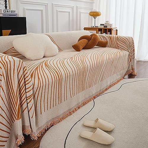 KnSam Home Sofa Überzug, Streifen Sofahusse Ecksofa mit Quaste, Kratzfester Schonbezüge Chenille für Wohnzimmer (180x300CM, Orange)