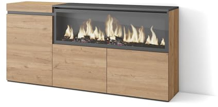 Skraut Home | Aparadores para salón | Gran Capacidad de almacenaje | 160 | 3 Puertas | Chimenea eléctrica XXL | Estilo Moderno | Roble