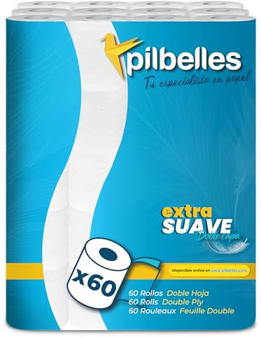 PILBELLES Papel Higiénico Extra Suave, 60 Rollos, 2 Capas | Más de 160 Hojas por Rollo, Sin Perfumes, 100% Celulosa Certificado Ecolabel
