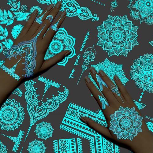 Blau leuchtende Mandala Blume Temporäre Tattoos Frauen Damen Mädchen Erwachsene, 4 Blatt Nacht Glitzer Sexy Hände Finger Fake Tattoos Vorlagen India Lotus, die im Dunkeln leuchten Tattoo Aufkleber Set