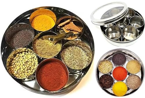 NT MASTER COOK Authentic Indian Spice Tin No.13 Masala Dabba With Spoon & See Through Lid | Indian & Pakistani Curry Spices Tin | Professional Or Home Kitchen | Housewarming Gifts | Kitchenware | UK