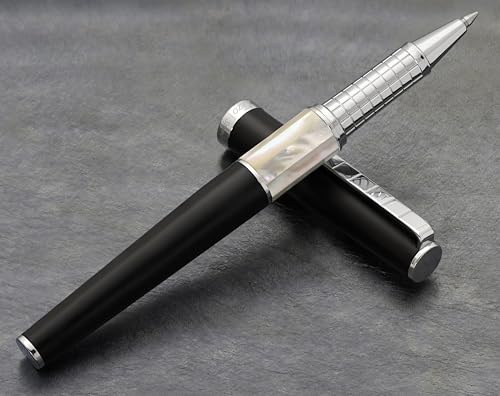 Xezo Speed Master Fine Rollerball | Mattschwarz mit weißem Perlmutt | Verchromt | Leichter Messingkörper | Jedes Unikat