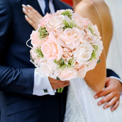 M METERXITY Bouquet da Sposa per Sposa, Bouquet di Fiori Artificiali per Matrimonio Bouquet Nuziale per Sposa/Dama Onore, Bouquet con Nastro Seta [Champagne]