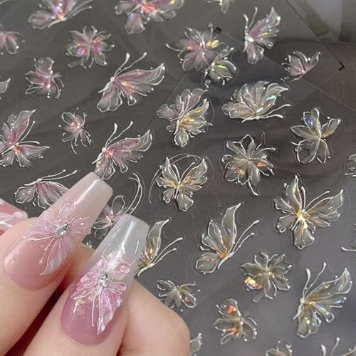 Aurora Shell Butterfly Nail Sticker Muschel Laser Schmetterling Nagelsticker Selbstklebend Schmetterlings Nagelaufkleber Nagelfolie Geprägte Schmetterlinge Deko Nail Art Stickers Nageldesign Zubehör