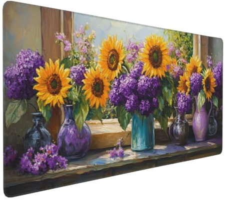 Gaming Mauspad XXL Sonnenblume Mousepad 800x400x4mm Blume Verlängertes Mauspad Schreibtischauflage,Genähte Kanten Mauspad,Verbessert Präzision Geschwindigkeit Wasserdicht Geeignet für Büro und Spiele