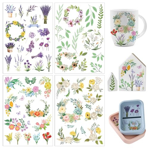 4 Blatt A5 Rub On Sticker Blumen, 21x14cm Transferaufkleber Selbstklebend Folie Blume, Frühling, Sprüche für Glas Holz Möbel Scrapbooking