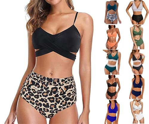 Bikini Damen Set Push Up Badeanzug V-Ausschnitt Badeanzüge Sommer Oberteil mit Badeshorts Frauen Bademode Zweiteiler mit Triangel Bikinihose Sport Schwimmanzug Sportbikini Sexy Swimsuit Schwarz M