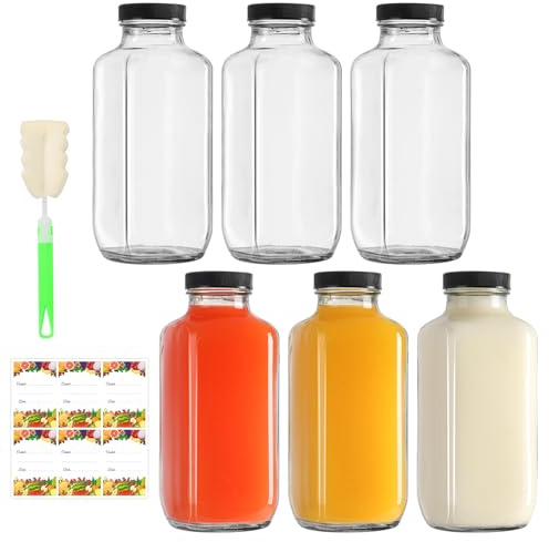 EkkoVla 500ml Glass Juice Bottles with Lids 6-Pack | Leakproof Square Drinking Jars, Reusable for Smoothies, Milk, Kombucha, Iced Tea, Homemade Beverages & Hot/Cold Drinks
